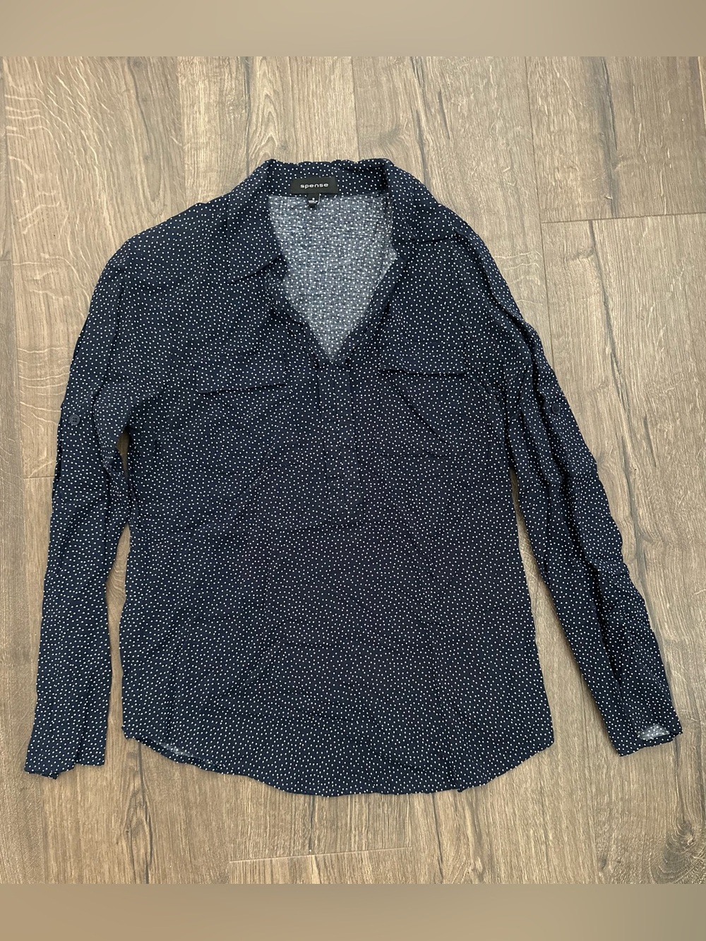 Spense Women’s Navy Blue Microdot Long Sleeve Button-Down Shirt